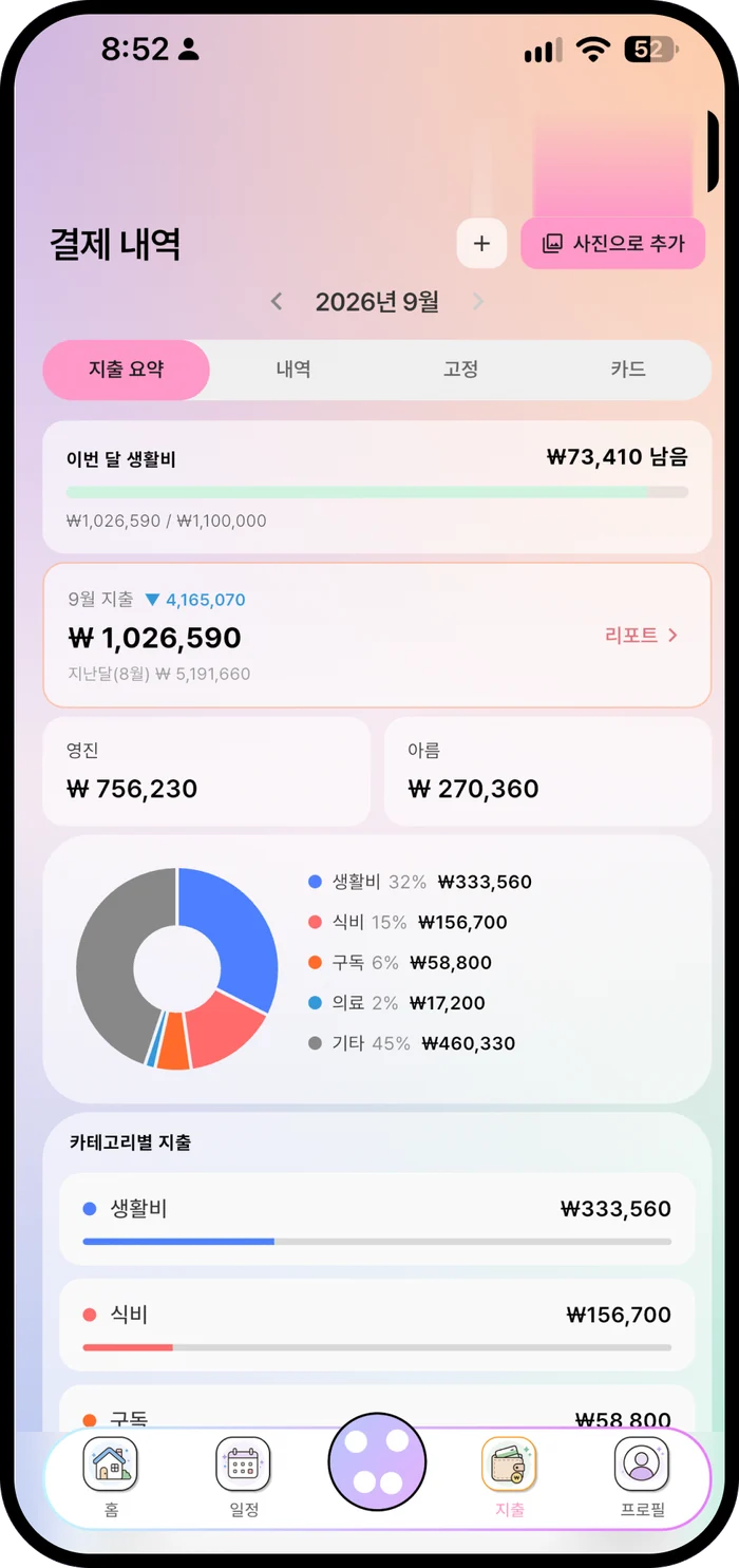 월간 지출 요약 화면